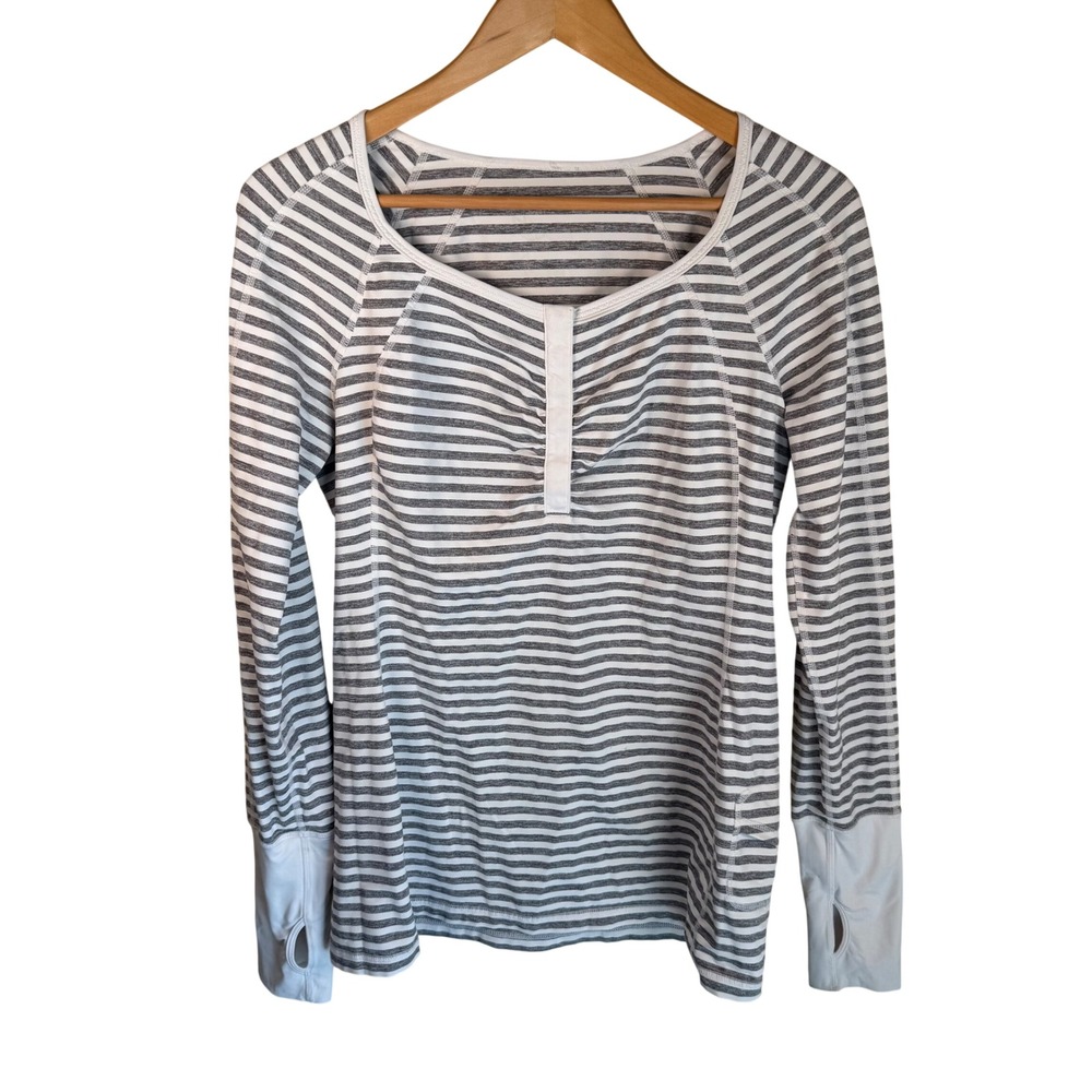Lululemon Striped Long Sleeve Top Women 10 Grey White Thumbholes Athleisure